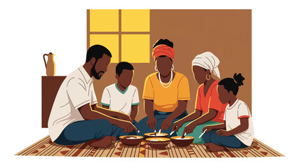African Family gathered sharing simple food together. Suitable for unity, gratitude, resilience, and humanity themes