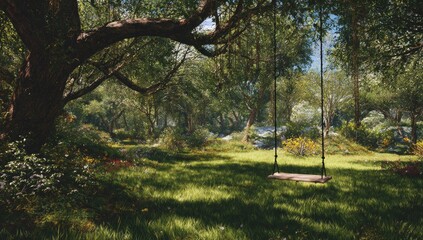 Sunlit forest scene with a rope swing hanging from a large tree branch. Lush vegetation