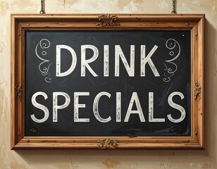 Chalkboard sign with bold white text that reads "DRINK SPECIALS", on an ornate wooden frame hung on a beige wall