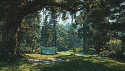Scenic view of a wooden swing hanging from a large tree branch in a verdant forest