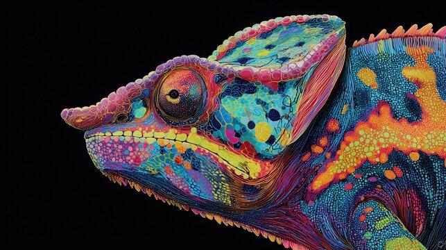 Bold Abstract Animal Painted with Colorful Splash Techniques on a Deep Black Backdrop