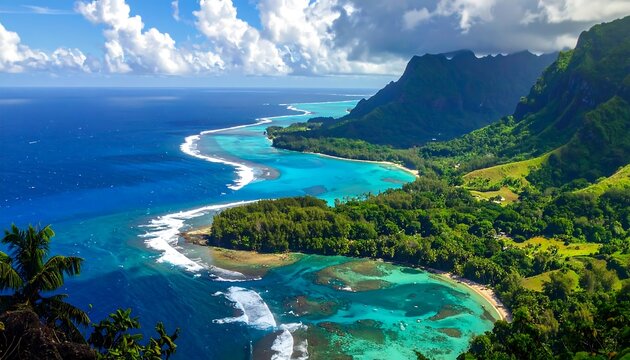 Aerial view captures a lush green island shoreline meeting turquoise waters and a deep blue ocean, sunny day - Powered by Adobe