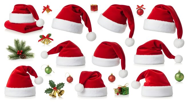 Collection of Santa Claus hats closeup, isolated on white background, festive Christmas and New Year costume accessories