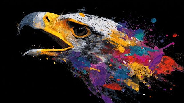 Bold Abstract Animal Painted with Colorful Splash Techniques on a Deep Black Backdrop
