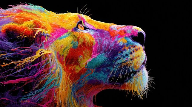 Bold Abstract Animal Painted with Colorful Splash Techniques on a Deep Black Backdrop