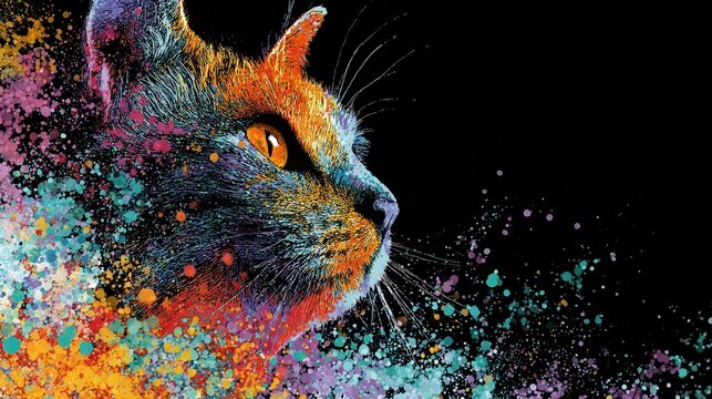 Bold Abstract Animal Painted with Colorful Splash Techniques on a Deep Black Backdrop