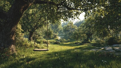 Scenic view of a lush green meadow, a swing under a large tree, and a forest