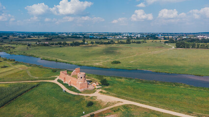Aerial View of Medieval Royal Castle Ruins in Kolo, Poland
