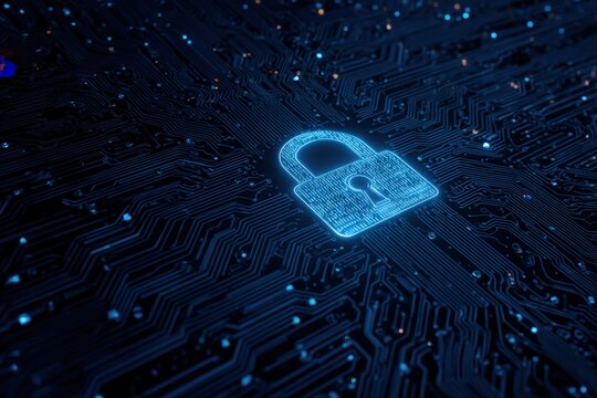 Glowing padlock icon superimposed on a detailed, dark, futuristic circuit board