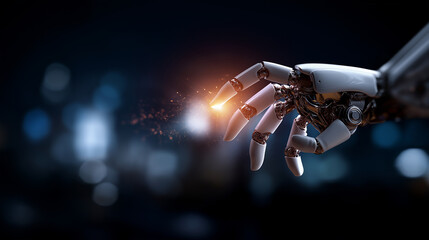 Robotic hand activating process automation on futuristic interface defocused advanced tech background streamlines workflows efficiency innovation automated system visualization