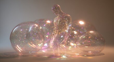 Figure composed of glittering particles, stands among translucent orbs, illuminated from multiple angles