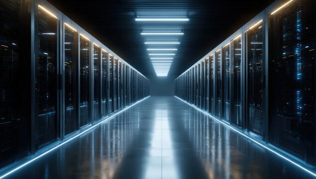 Futuristic data center with glowing blue and orange lights