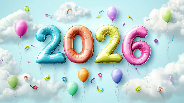 Bright cartoon balloons floating in the sky spelling "2026", cheerful kids’ celebration style, pastel background.