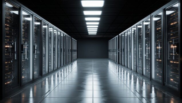 Futuristic server room with rows of illuminated data racks under bright lights - Powered by Adobe