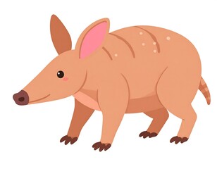 Fototapeta premium Cartoon aardvark, tan with pink ears, standing, side view on white background, with brown paws and sparse polka dots