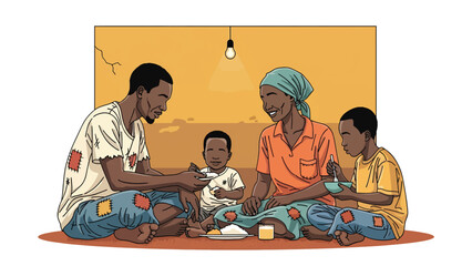 African Family gathered sharing simple food together. Suitable for unity, gratitude, resilience, and humanity themes