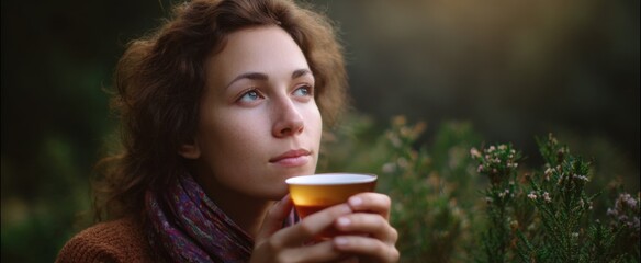 the woman sips herbal tea like a cozy hug in a tranquil haven