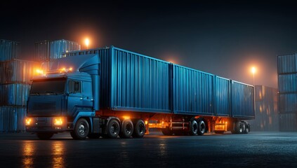 Blue semi-truck with two cargo containers at night, illuminated by lights