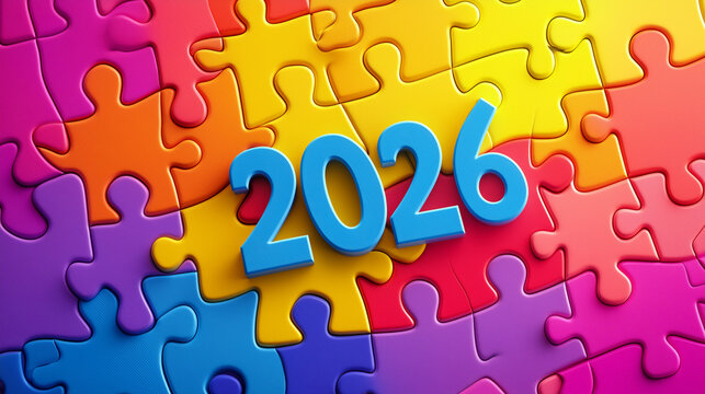 Puzzle pieces coming together to form "2026", vibrant primary colors, educational kids’ style. - Powered by Adobe