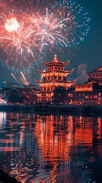 Vertical video of a Chinese pagoda at night with fireworks celebrating a festival. Traditional Asian architecture illuminated and reflecting in the water. Chinese New Year celebration