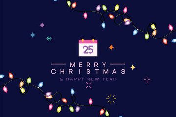 Merry Christmas and Happy New Year background with colorful Christmas glowing garland ornaments and festive holiday decorations. Perfect seasonal vector illustration for invitations, etc.
