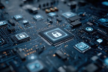 Digital circuit board with glowing padlocks symbolizing digital security and protection