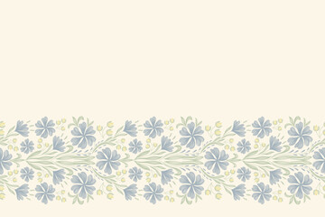 Vintage floral ethnic tapestry modern embroidery texture boho design vector illustration hand drawn silhouette indigo blue flower motif branches leaves wallpaper seamless background border.