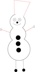 Minimal snowman line drawing with stick arms, buttons, hat, and smile for winter or holiday themes