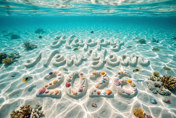 Happy new year 2026 underwater message on sandy seabed with coral