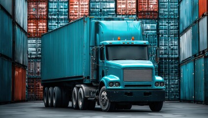A blue semi-truck is parked in a lot filled with stacked shipping containers