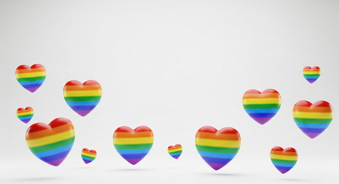 LGBTQ community pride month concept in July. LGBTQ and rainbow hearts on a light white background with space for your ad text or message. Valentine's Day. - Powered by Adobe