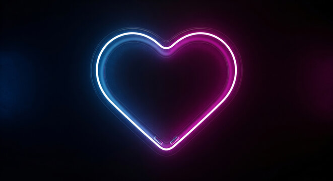 Pink and Blue Love Technology Concept with heart symbol as a neon light. Vibrant colored icon, on a black background with high tech floor. 3D Render