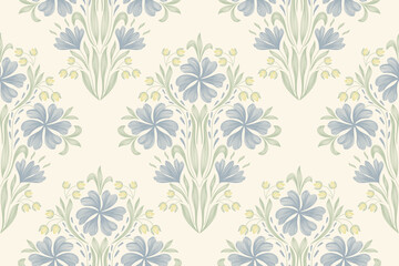 Vintage floral ethnic tapestry modern embroidery texture boho design vector illustration hand drawn silhouette indigo blue flower motif branches leaves wallpaper seamless background border.