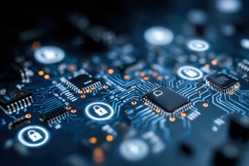 Abstract digital circuit board with glowing security icons and glowing data pathways
