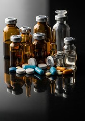 Assorted pharmaceutical medicine pills tablets capsules glass ampoules dark black background. Medical still life colorful drugs reflection surface. Ideal healthcare industry news, pharmacy banners
