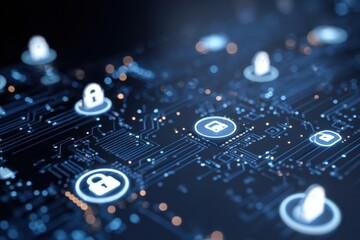 Digital circuit board with glowing security icons, data flow