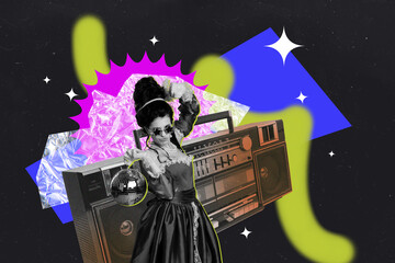 Full 3d contemporary photo collage of happy duchess girl dance medieval party celebration retro...