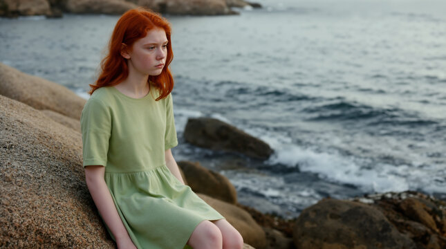 A young woman with red hair sits pensively on rocks by the ocean's edge, gazing distantly at the choppy water.