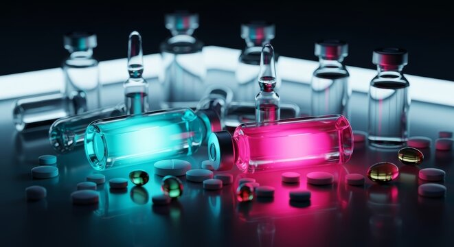 Futuristic medical vials glowing neon cyan and pink surrounded by pills scattered on reflective surface. Science fiction pharmaceutical concept perfect for biotechnology articles, drug research news