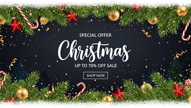 Christmas Up To 70 percent Off Sale Discount Banner with Decorated Fir Tree Border and Golden Ornaments on Dark Background for Happy New Year 2026 Merry Christmas Eve Special Offer Exclusive Super 