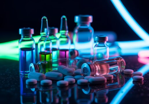 Futuristic medical vials glowing neon cyan and pink surrounded by pills scattered on reflective surface. Science fiction pharmaceutical concept perfect for biotechnology articles, drug research news