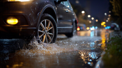 Vehicle drives through puddles after rain at night closeup defocused wet road background automobile tires water splash on asphalt extreme driving city storm lights reflection