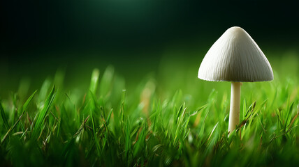 Delicate White Mushroom Standing Tall in Bright Green Grass on