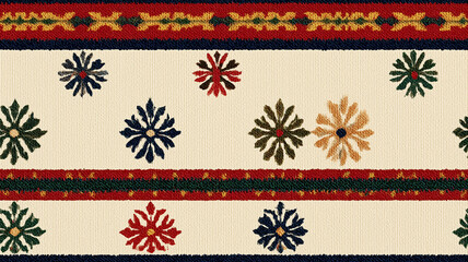 Colorful Woven Fabric With Floral Motifs And Striped Borders