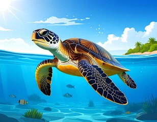 Vivid illustration of a sea turtle swimming gracefully underwater, bright sun overhead, and small fish