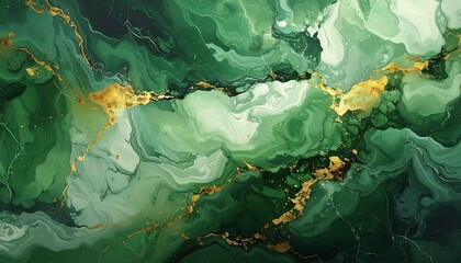An abstract image featuring swirling shades of green resembling marble, intersected with veins of gold. A luxurious and elegant aesthetic