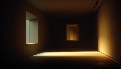 Dimly lit, minimalist interior room with two illuminated window frames and a spotlight