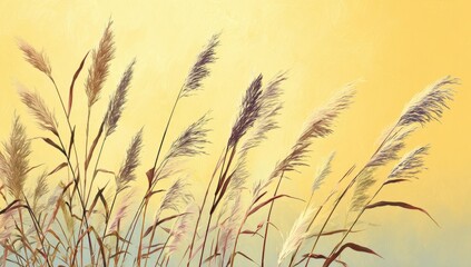 Delicate plumes of tall grass sway gently against a soft, luminous yellow sky