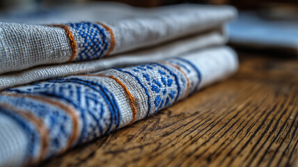 Folded Embroidered Linen Cloth With Blue Pattern Edges