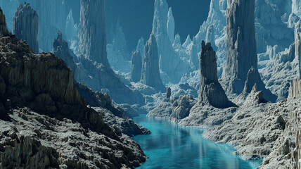 Frozen Cave With Turquoise River And Towering Ice Formations